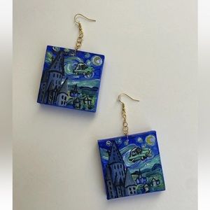 Harry Potter Earrings Fan Art Hogwarts Flying Car Hand Painted 2 X 2 Inches